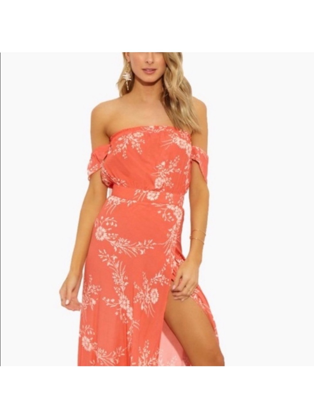 Flynn Skye Bella Floral Maxi Dress Small Coral Off Shoulder Side Slit